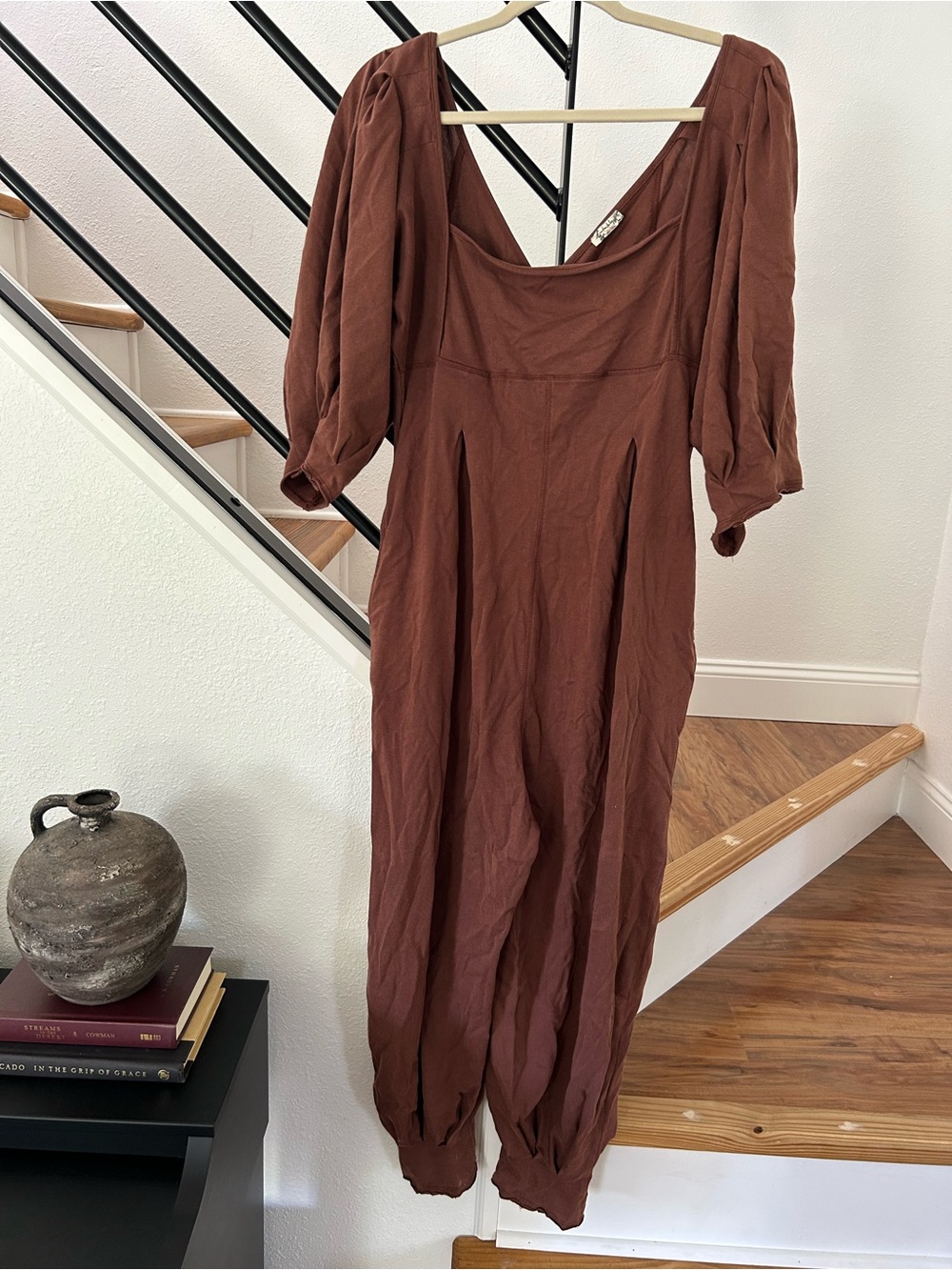 Free People Rust-Brown Puff Sleeve Jumpsuit